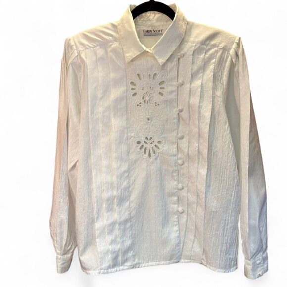 90s Vintage Lace Cutout Pintuck Blouse w/Asymmetrical Buttons size 14 - Picture 2 of 11